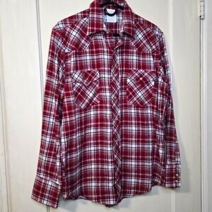 Wrangler Rancher Plaid Pearl Snap Button Long Sleeve 100% Cotton Size Medium